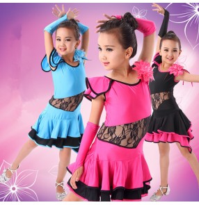 Turquoise blue black fuchsia patchwork girls kids children kindergartenlace gymnastics performance latin salsa cha cha dance dresses